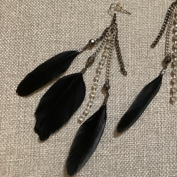 New Classic Black Authentic 3 Feather Earrings with Rhinestones - #188 - Picture 10 of 12